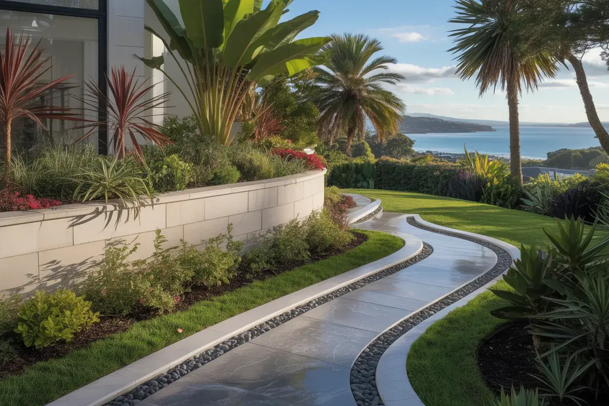 Coastal front garden Raumati Beach with mature plantings and defined pathway edges
