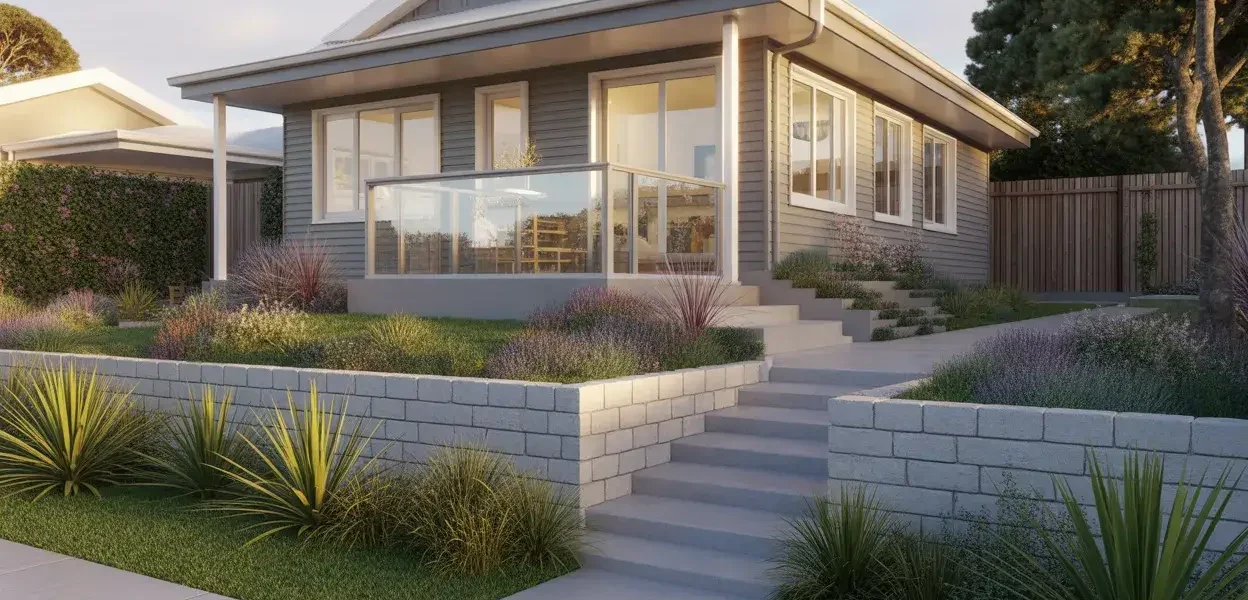 Professional front garden landscaping in Paraparaumu with native plants, stone pathway and KHHS designed kerb appeal