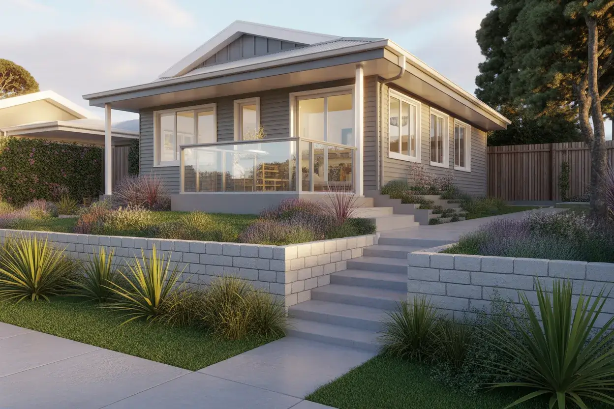 Professional front garden landscaping in Paraparaumu with native plants, stone pathway and KHHS designed kerb appeal