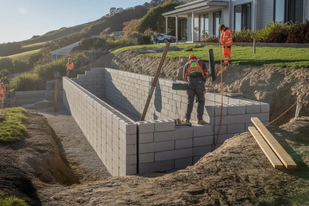 retaining-wall-construction-autumn-kapiti-coast-installation-dry-ground-conditions